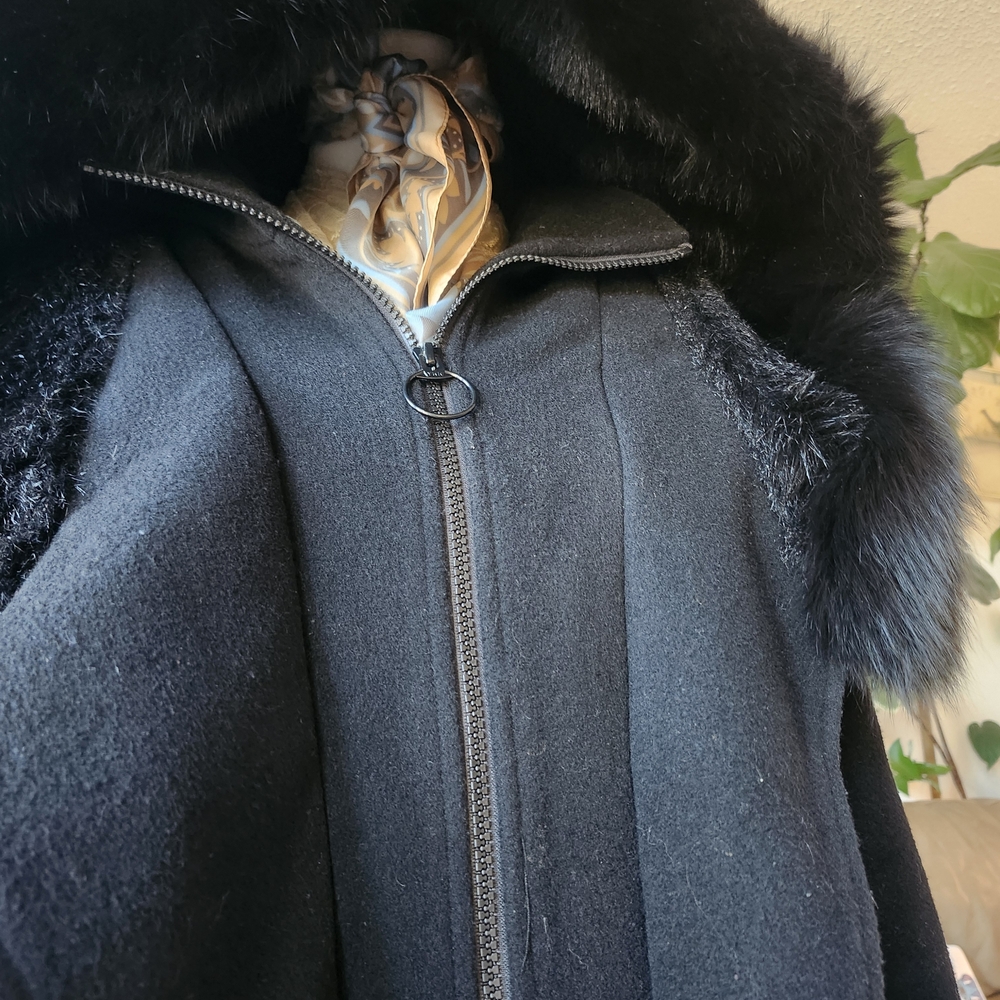 SAGA 80s 90s VINTAGE Elegant Black Fox Fur-Trimmed Women's Coat Cashmere WOOL Lg - Picture 6 of 16